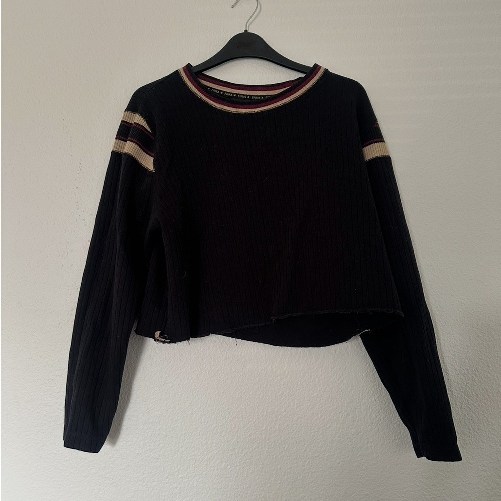 Erika Sport Vintage Black Ribbed Crop Sweatshirt with Cream & Burgundy Trim